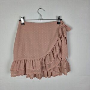 Tobi Pink Swiss Dot Ruffle Mini Skirt Pom Pom Trim Wrap Style Small FBK1805SG